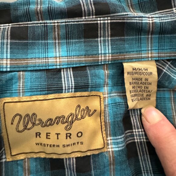 Wrangler Men's Retro Shirt Western Sawtooth Pockets Pearl Snap Medium Blue Plaid - Picture 4 of 8